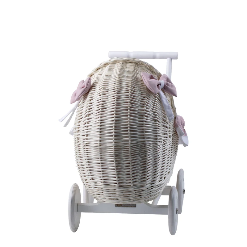 Lili wicker doll stroller with pink trim, blanket, and pillow TheWickerStories
