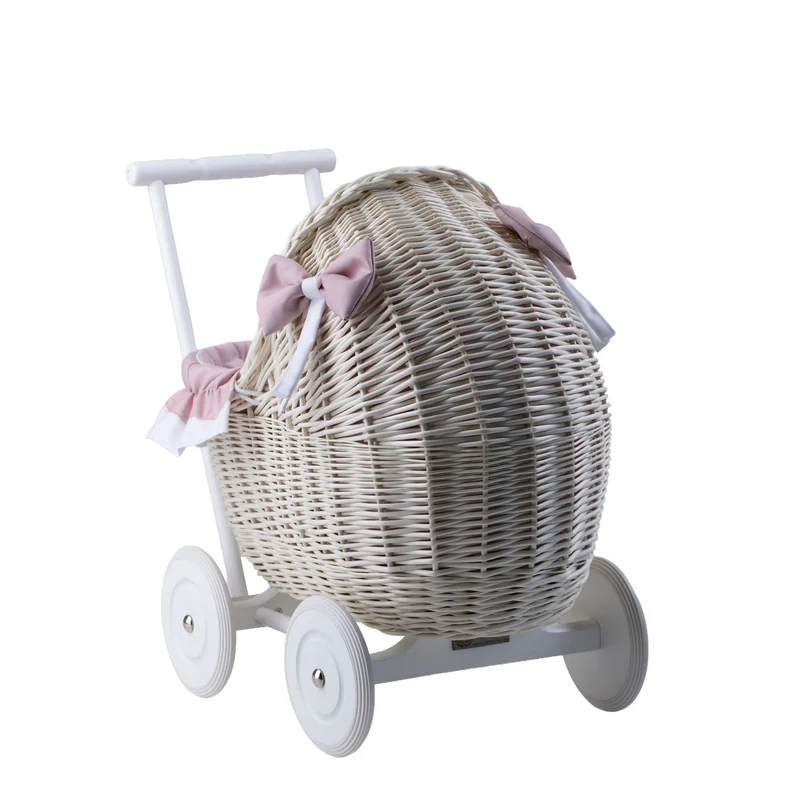 Lili wicker doll stroller with pink trim, blanket, and pillow TheWickerStories