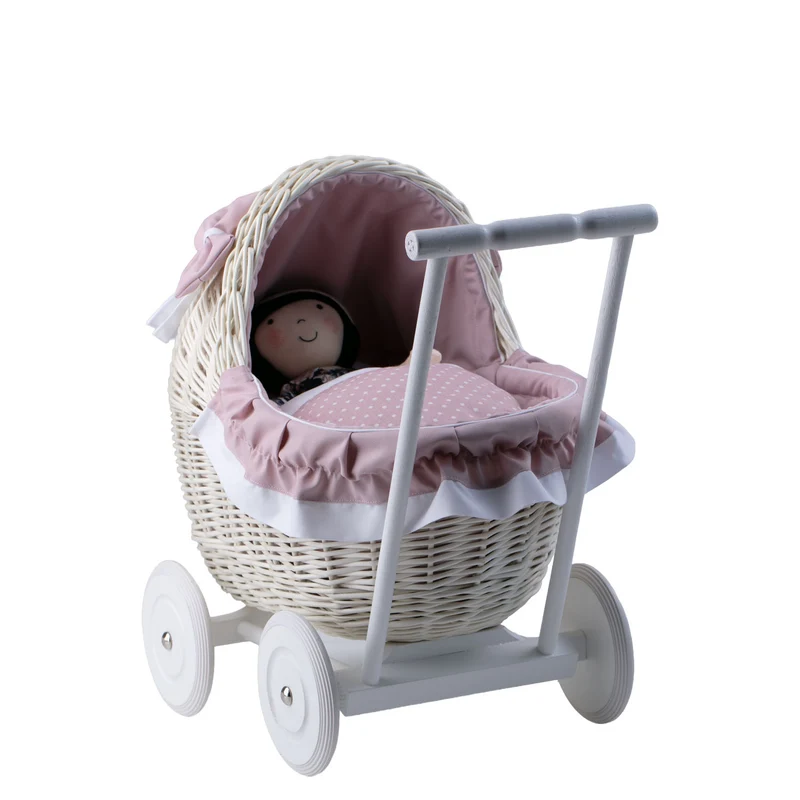 Lili wicker doll stroller with pink trim, blanket, and pillow TheWickerStories