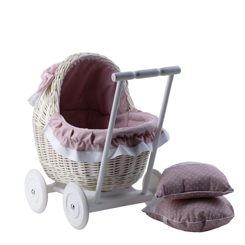 Lili wicker doll stroller with pink trim, blanket, and pillow TheWickerStories