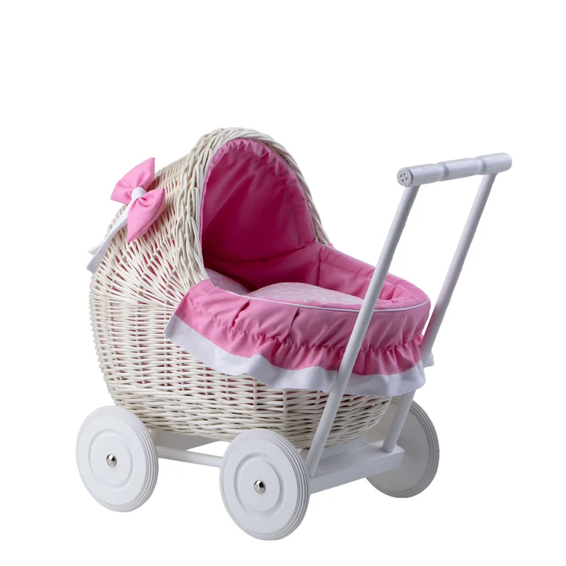 Lili wicker doll stroller with pink trim, blanket, and pillow TheWickerStories