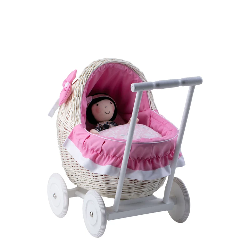 Lili wicker doll stroller with pink trim, blanket, and pillow TheWickerStories