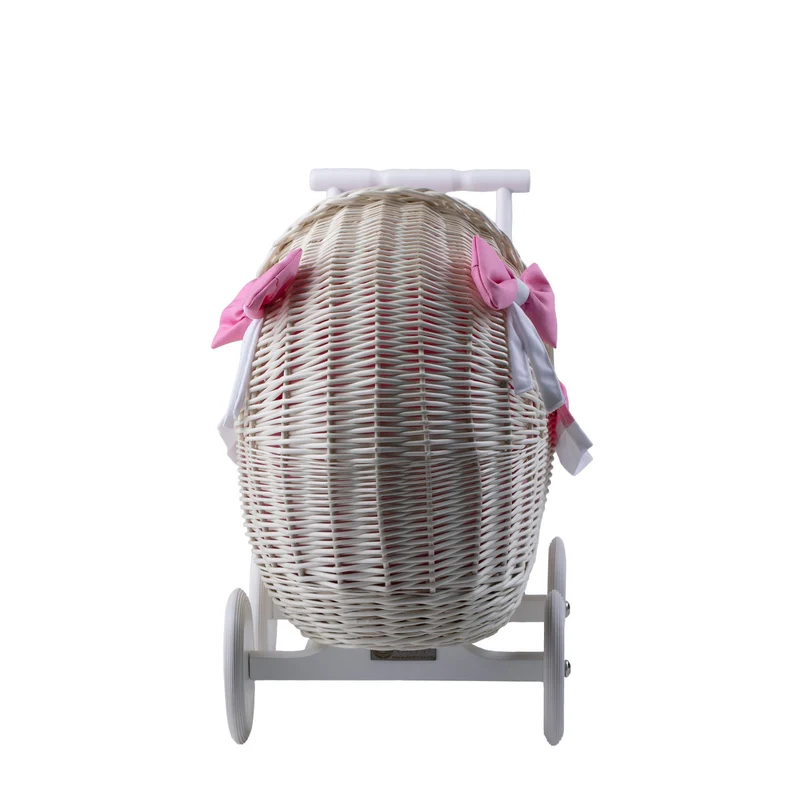 Lili wicker doll stroller with pink trim, blanket, and pillow TheWickerStories