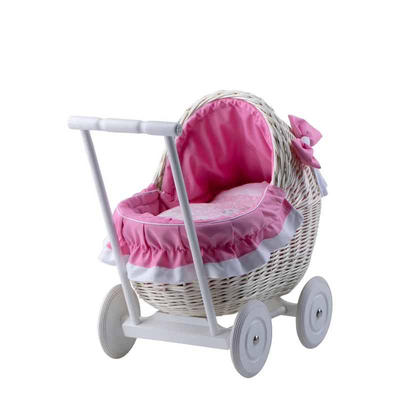 Lili wicker doll stroller with pink trim, blanket, and pillow TheWickerStories