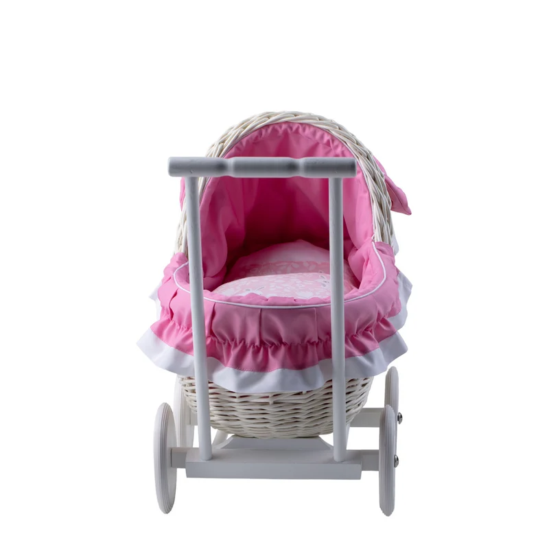 Lili wicker doll stroller with pink trim, blanket, and pillow TheWickerStories