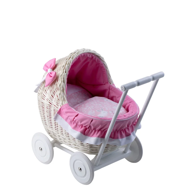 Lili wicker doll stroller with pink trim, blanket, and pillow TheWickerStories