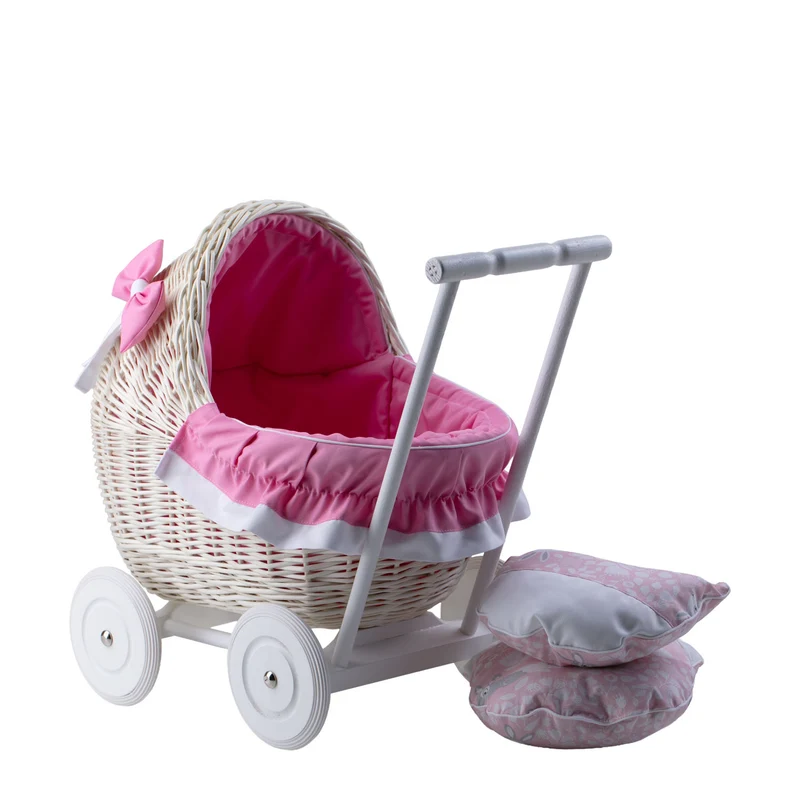 Lili wicker doll stroller with pink trim, blanket, and pillow TheWickerStories