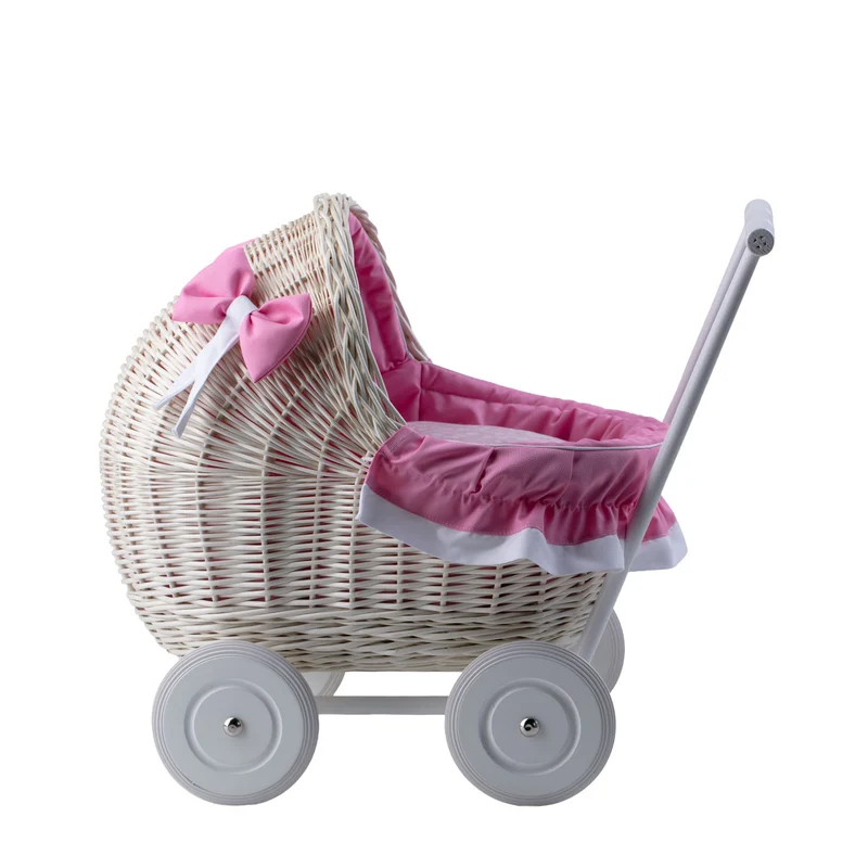 Lili wicker doll stroller with pink trim, blanket, and pillow TheWickerStories