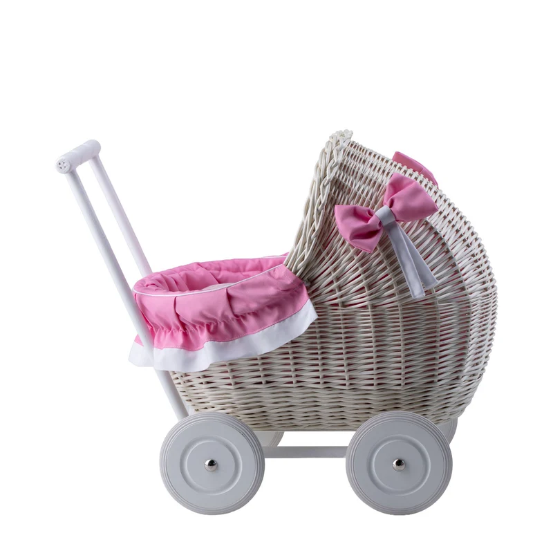 Lili wicker doll stroller with pink trim, blanket, and pillow TheWickerStories
