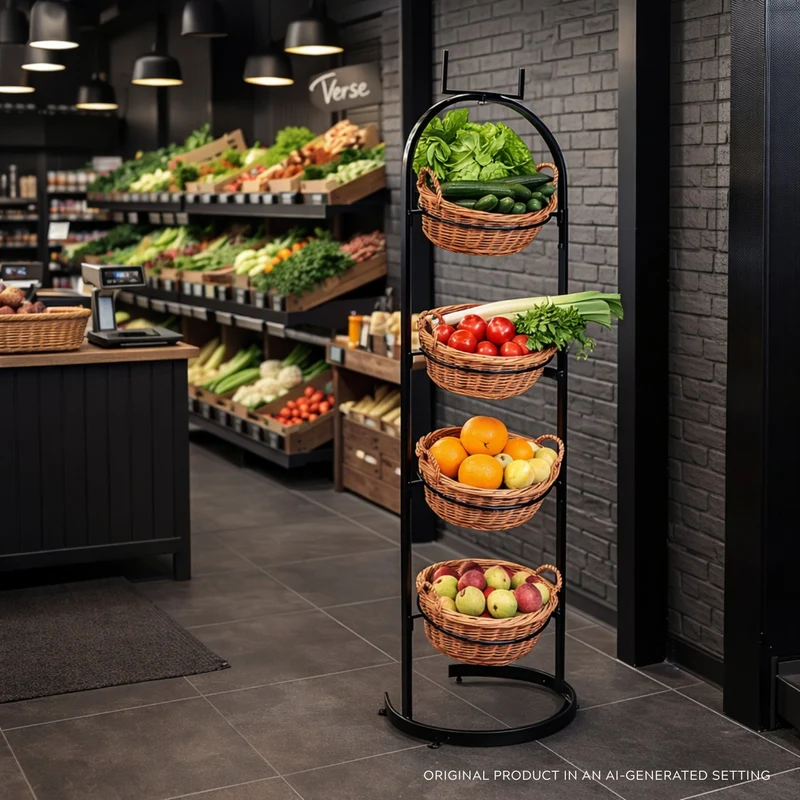 Kesoria metal stand with wicker baskets for fruits and vegetables TheWickerStories