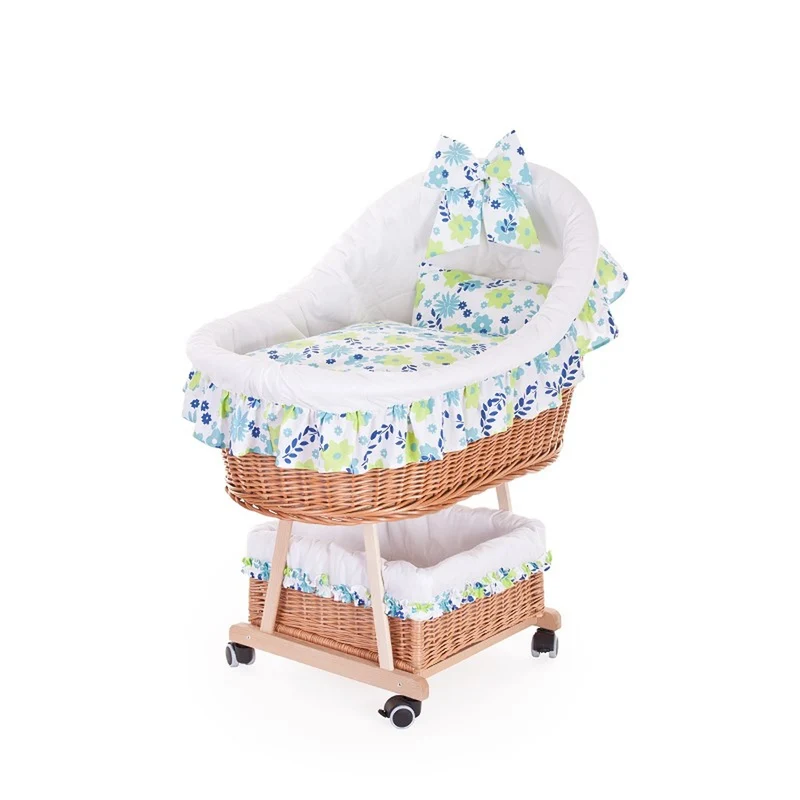Papilio wicker baby bassinet with white trim, canopy, duvet and pillow, on wheels with brake TheWickerStories