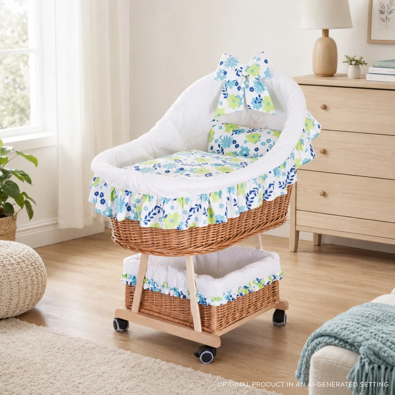 Papilio wicker baby bassinet with white trim, canopy, duvet and pillow, on wheels with brake TheWickerStories