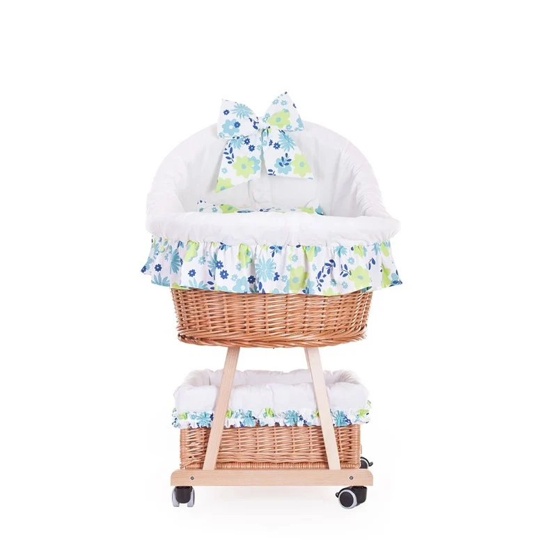 Papilio wicker baby bassinet with white trim, canopy, duvet and pillow, on wheels with brake TheWickerStories