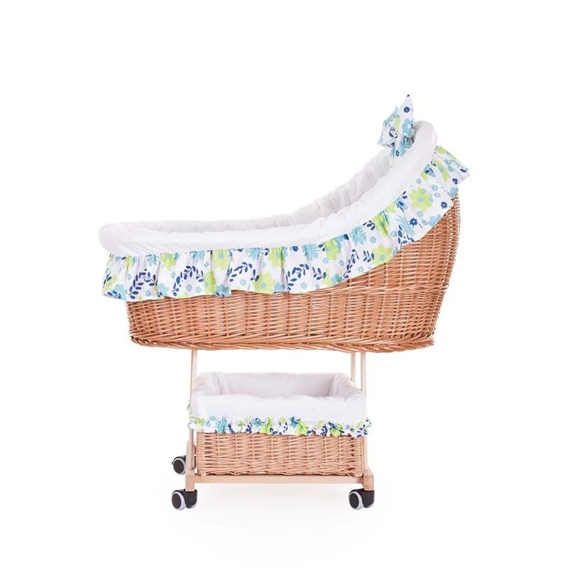 Papilio wicker baby bassinet with white trim, canopy, duvet and pillow, on wheels with brake TheWickerStories