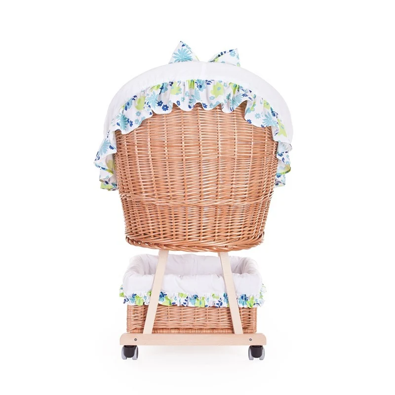 Papilio wicker baby bassinet with white trim, canopy, duvet and pillow, on wheels with brake TheWickerStories