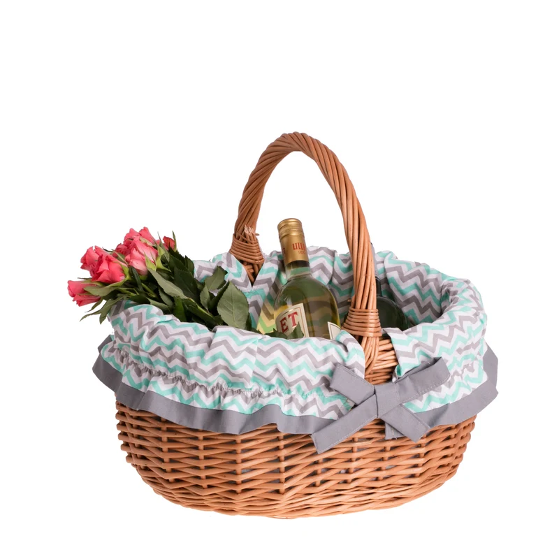 Werburga wicker shopping basket with mint-gray trim and handle TheWickerStories