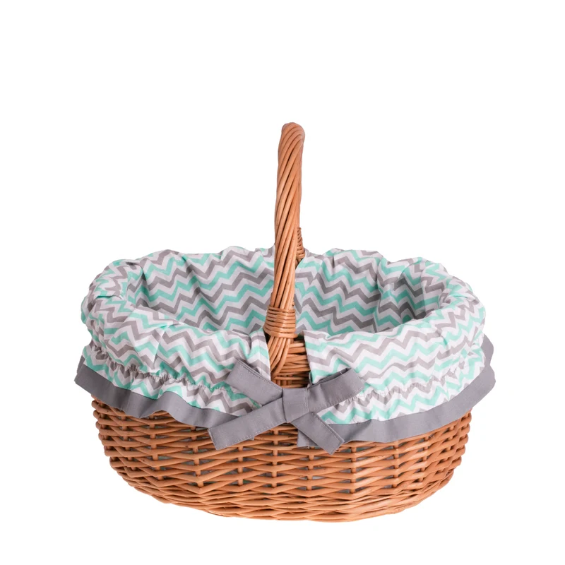 Werburga wicker shopping basket with mint-gray trim and handle TheWickerStories