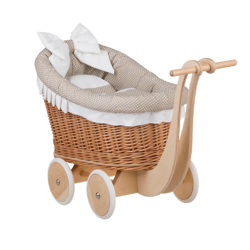 Luna wicker doll stroller with beige trim, blanket, and pillow TheWickerStories