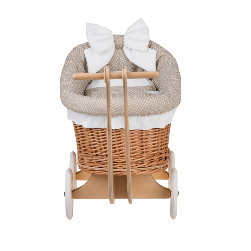 Luna wicker doll stroller with beige trim, blanket, and pillow TheWickerStories