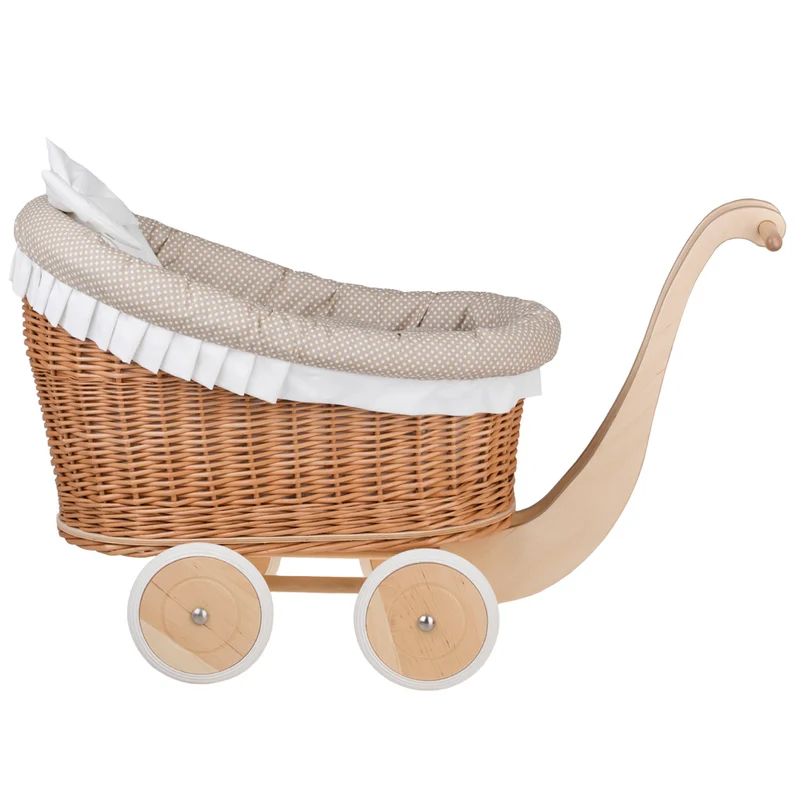 Luna wicker doll stroller with beige trim, blanket, and pillow TheWickerStories