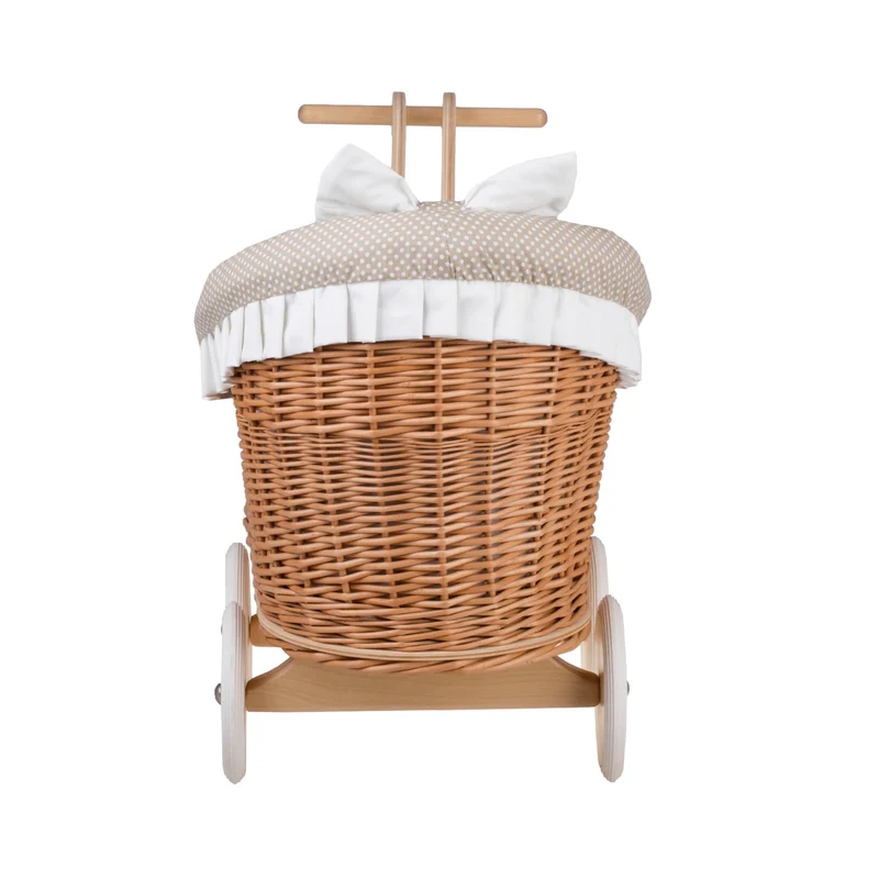 Luna wicker doll stroller with beige trim, blanket, and pillow TheWickerStories