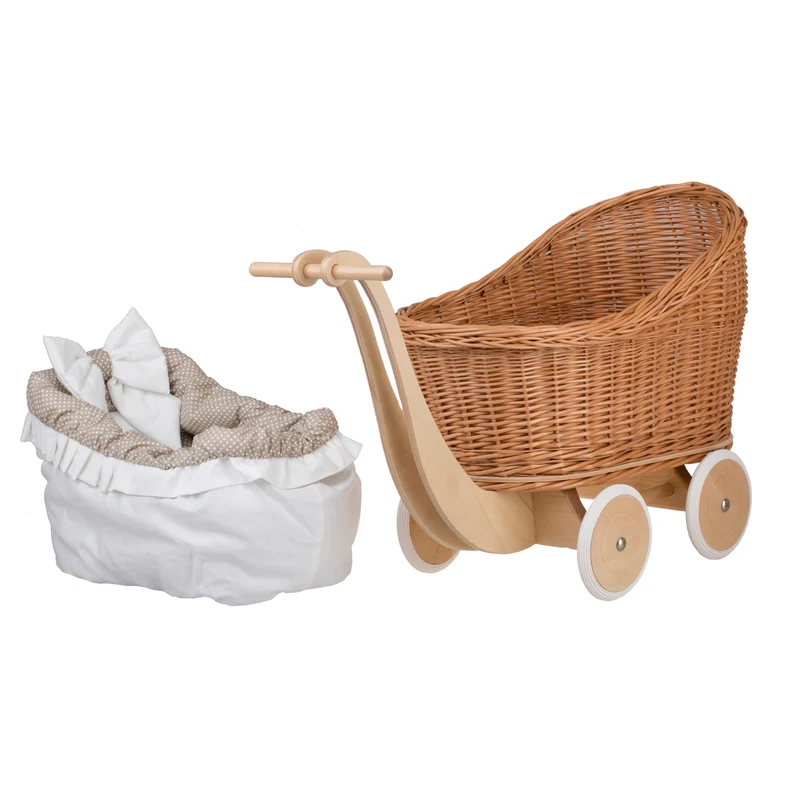Luna wicker doll stroller with beige trim, blanket, and pillow TheWickerStories