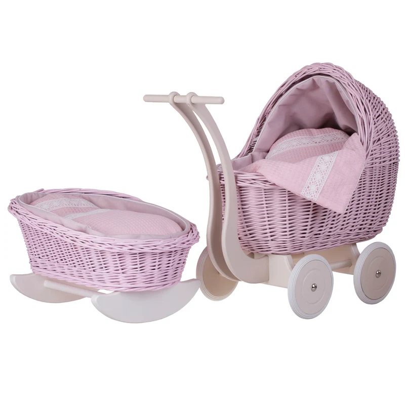 Lili wicker doll pram with cradle, pink trim, quilt and pillow TheWickerStories