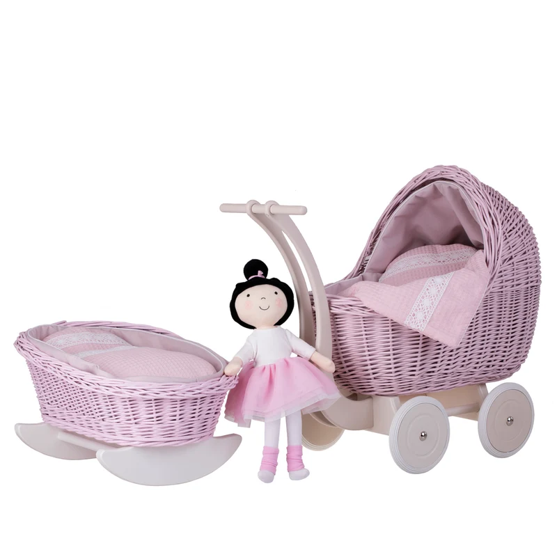 Lili wicker doll pram with cradle, pink trim, quilt and pillow TheWickerStories