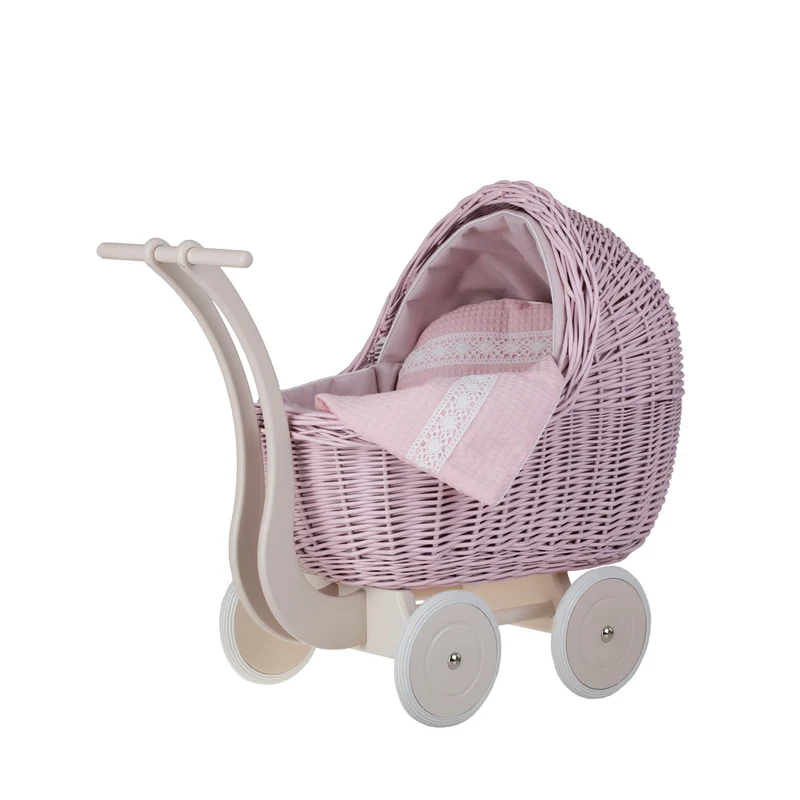 Lili wicker doll pram with cradle, pink trim, quilt and pillow TheWickerStories