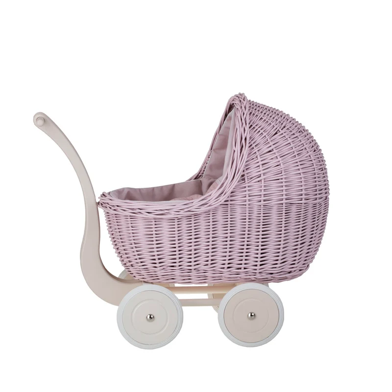 Lili wicker doll pram with cradle, pink trim, quilt and pillow TheWickerStories