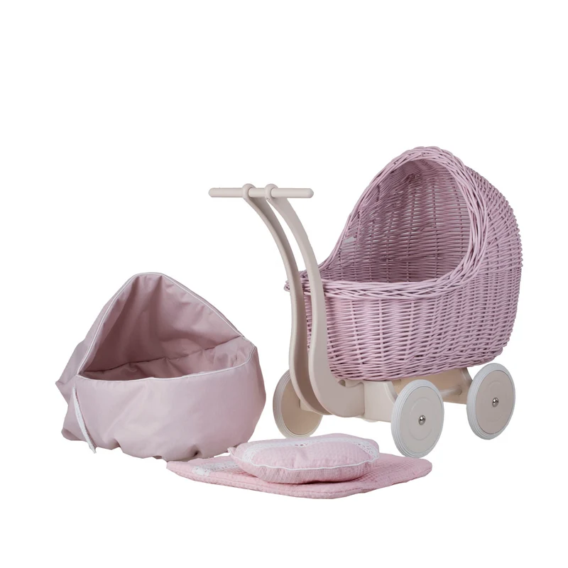 Lili wicker doll pram with cradle, pink trim, quilt and pillow TheWickerStories