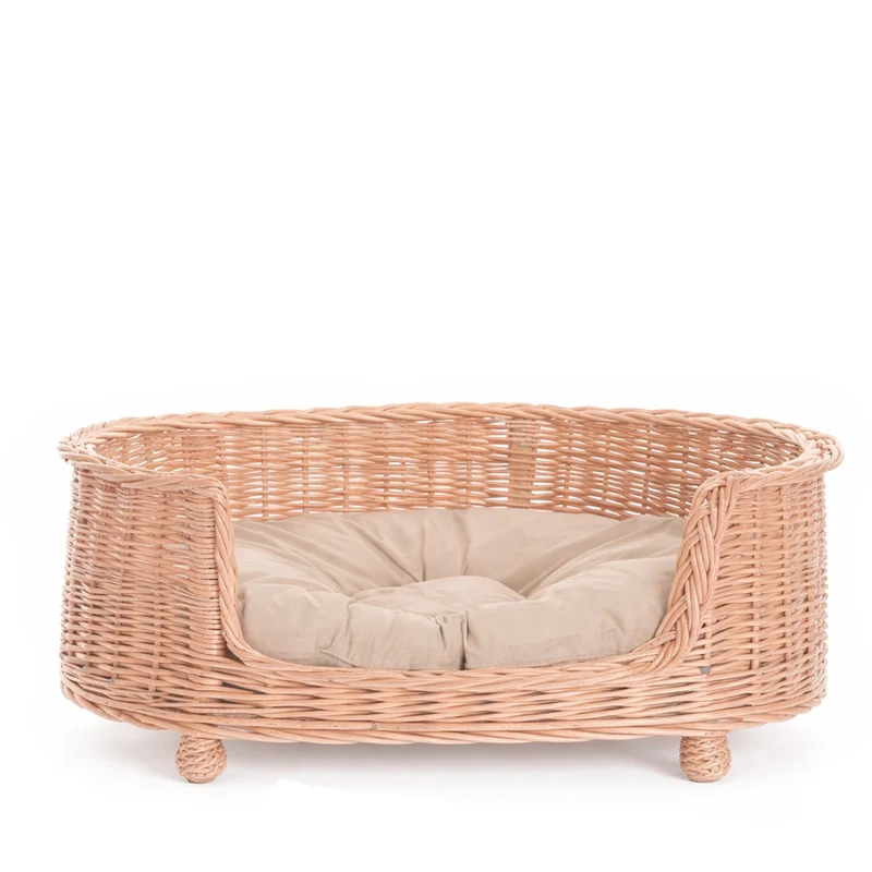 Esoria wicker pet bed for dogs and cats with beige cushion TheWickerStories