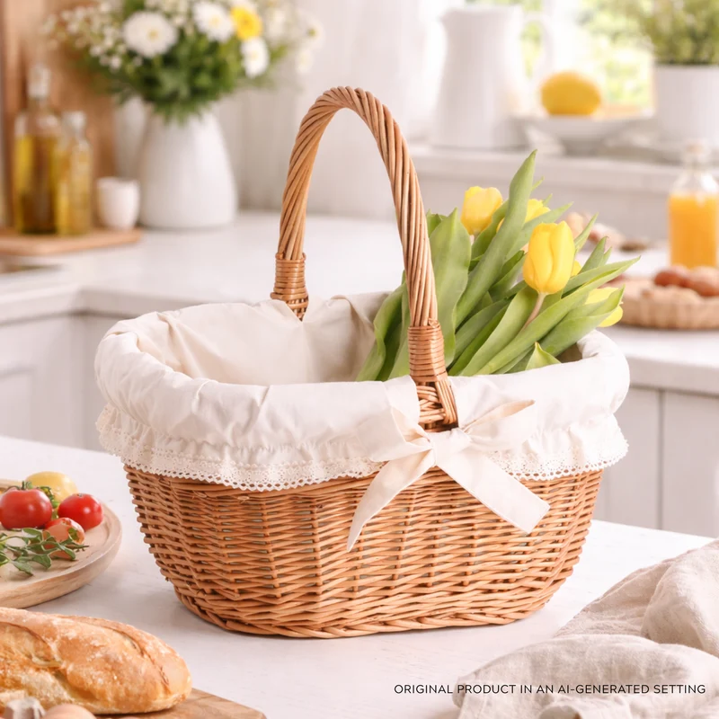 Zoneria wicker shopping basket for groceries, mushroom and picnic basket, decorative gift basket with trim TheWickerStories