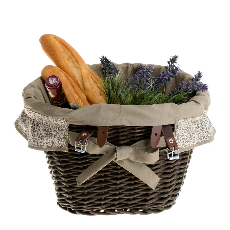 Paulus wicker bicycle basket with gray trim and straps TheWickerStories