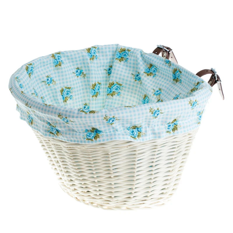 Paulus wicker bicycle basket with blue trim, featuring handlebar straps TheWickerStories