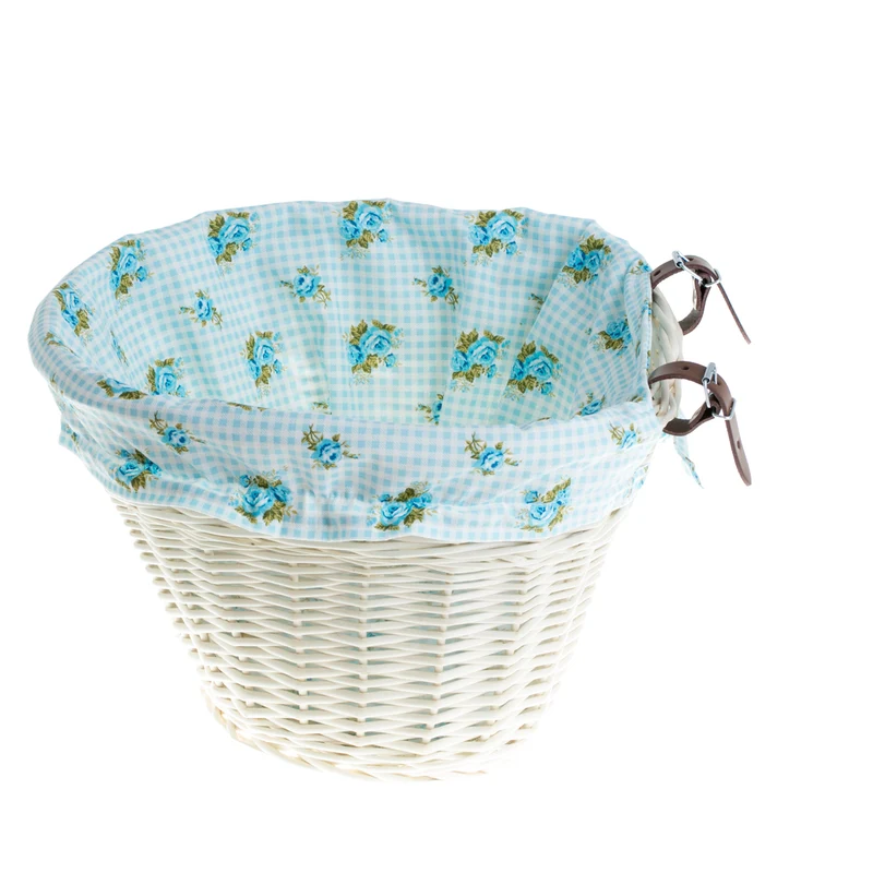 Paulus wicker bicycle basket with blue trim, featuring handlebar straps TheWickerStories