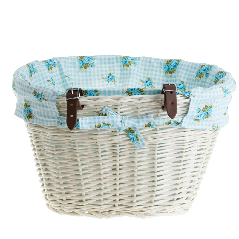 Paulus wicker bicycle basket with blue trim, featuring handlebar straps TheWickerStories