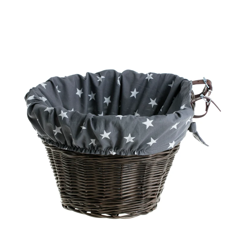 Paulus wicker bike basket with blue trim, featuring straps for handlebars TheWickerStories