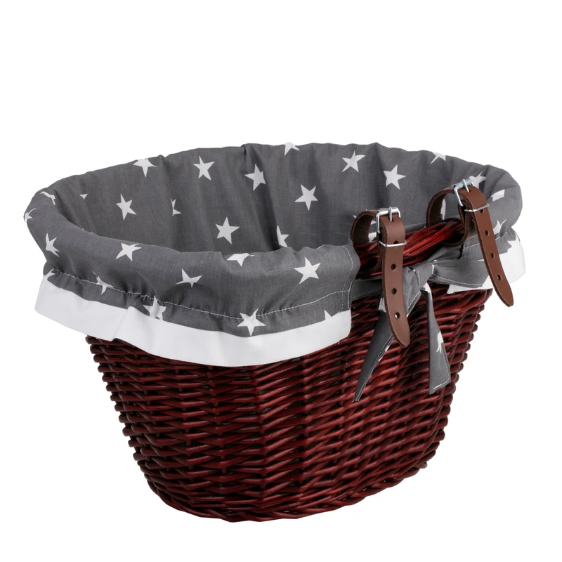Paulus wicker bicycle basket with gray trim and straps TheWickerStories