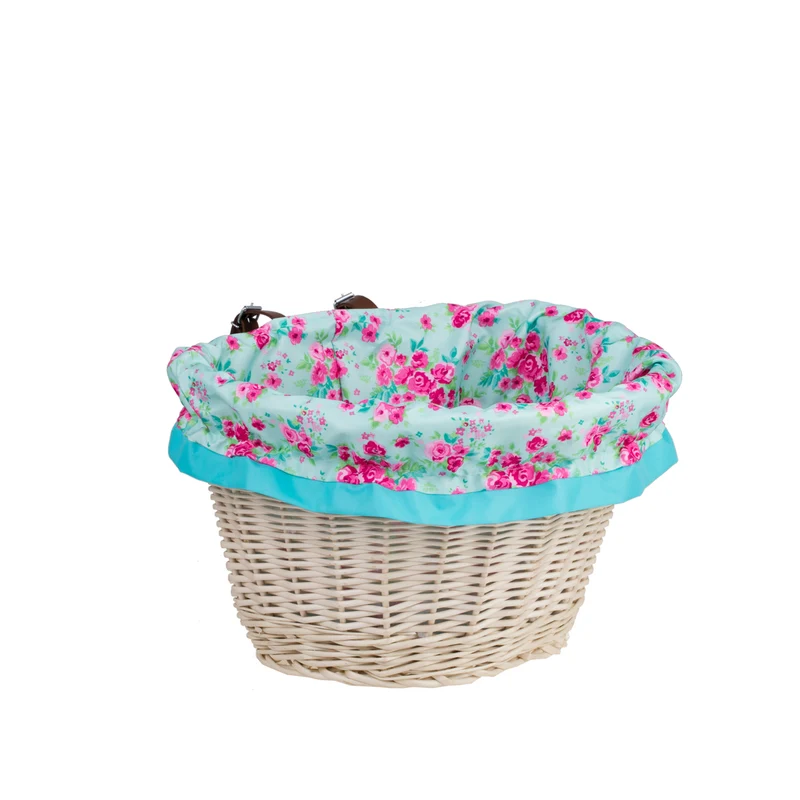 Paulus wicker bicycle handlebar basket with turquoise trim and straps TheWickerStories