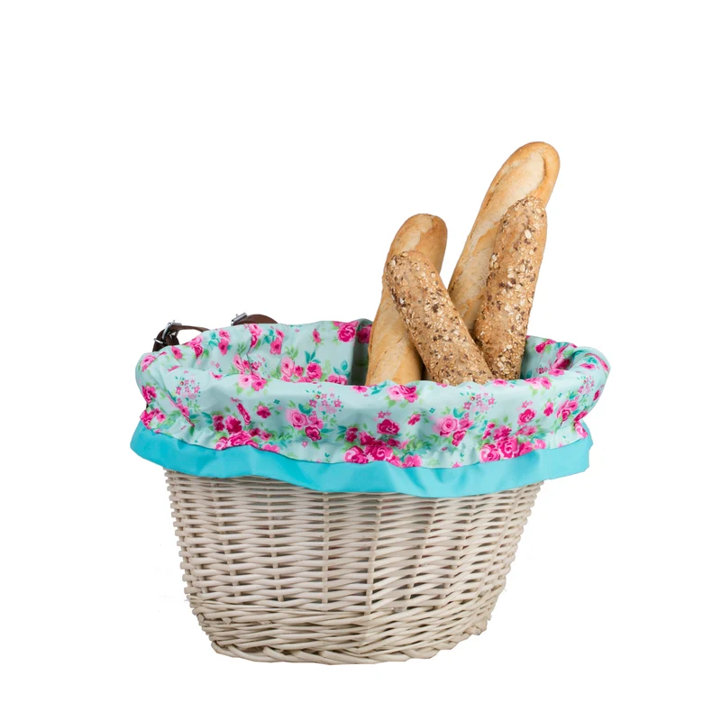 Paulus wicker bicycle handlebar basket with turquoise trim and straps TheWickerStories