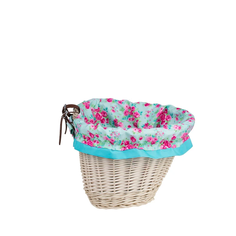 Paulus wicker bicycle handlebar basket with turquoise trim and straps TheWickerStories