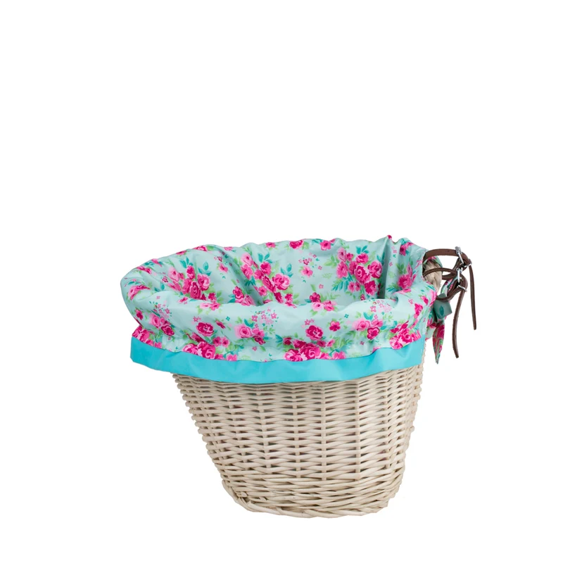 Paulus wicker bicycle handlebar basket with turquoise trim and straps TheWickerStories