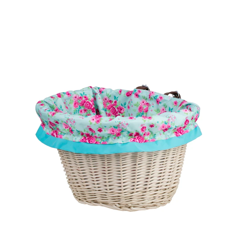 Paulus wicker bicycle handlebar basket with turquoise trim and straps TheWickerStories