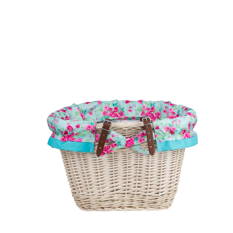 Paulus wicker bicycle handlebar basket with turquoise trim and straps TheWickerStories