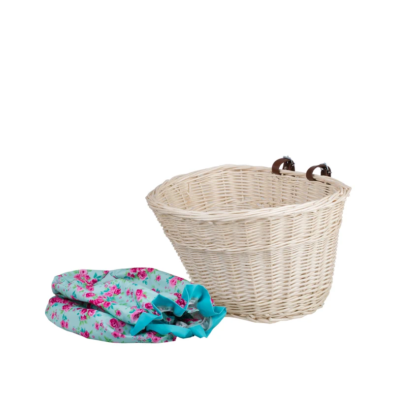Paulus wicker bicycle handlebar basket with turquoise trim and straps TheWickerStories