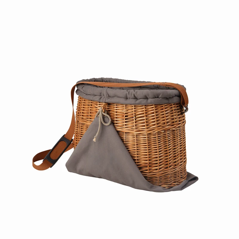 Saleria wicker garden harvest basket with gray trim, shoulder strap, and pocket TheWickerStories