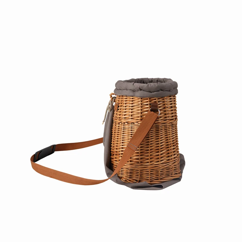 Saleria wicker garden harvest basket with gray trim, shoulder strap, and pocket TheWickerStories