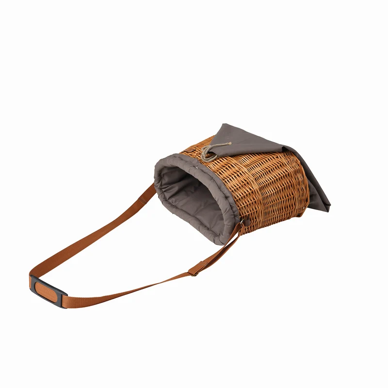 Saleria wicker garden harvest basket with gray trim, shoulder strap, and pocket TheWickerStories