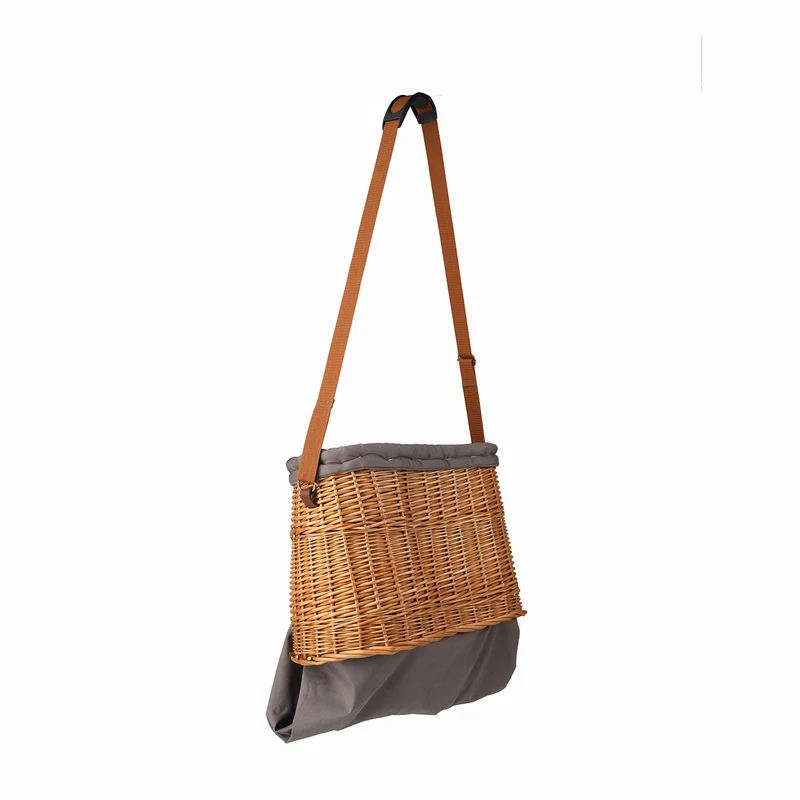 Saleria wicker garden harvest basket with gray trim, shoulder strap, and pocket TheWickerStories